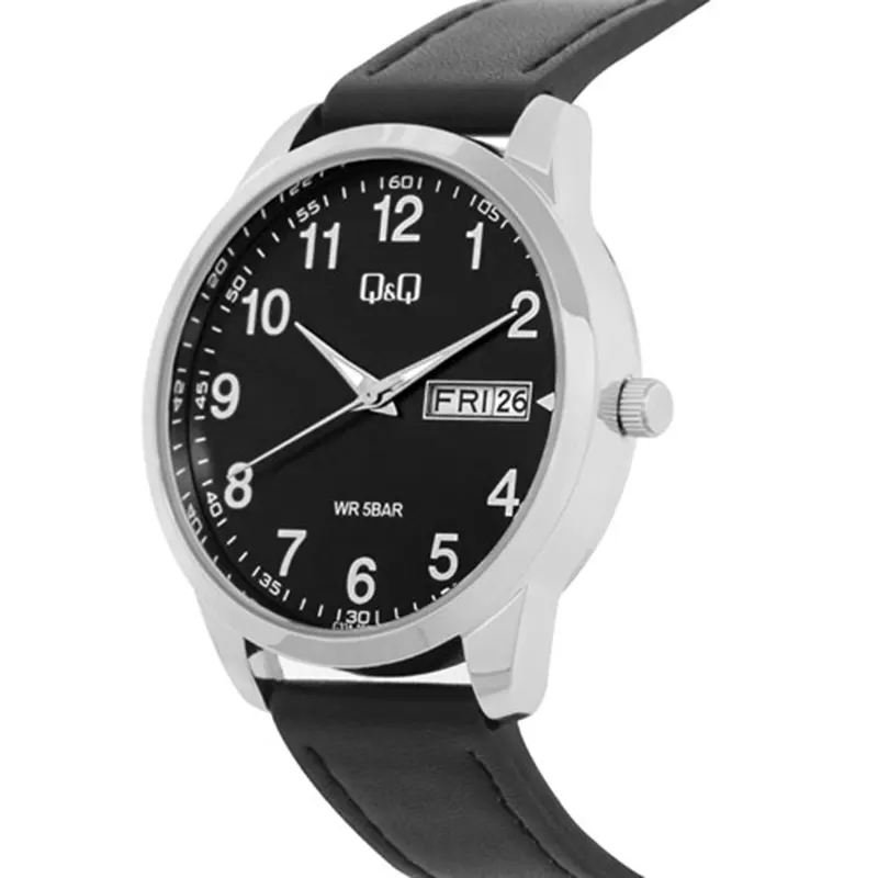 Q&Q Japan Quartz Black Dial Day-Date Leather Men's Watch- C32A-008PY